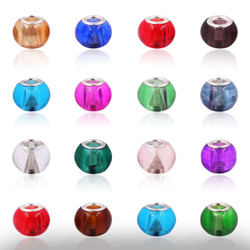 AIPRIDY 100Pcs 15x11mm Painting Murano Large Hole Glass Beads Mix Color with Silver Brass Cores European Charm fit Bracelet Necklace (Transparent Double Color Glass) - Image 1